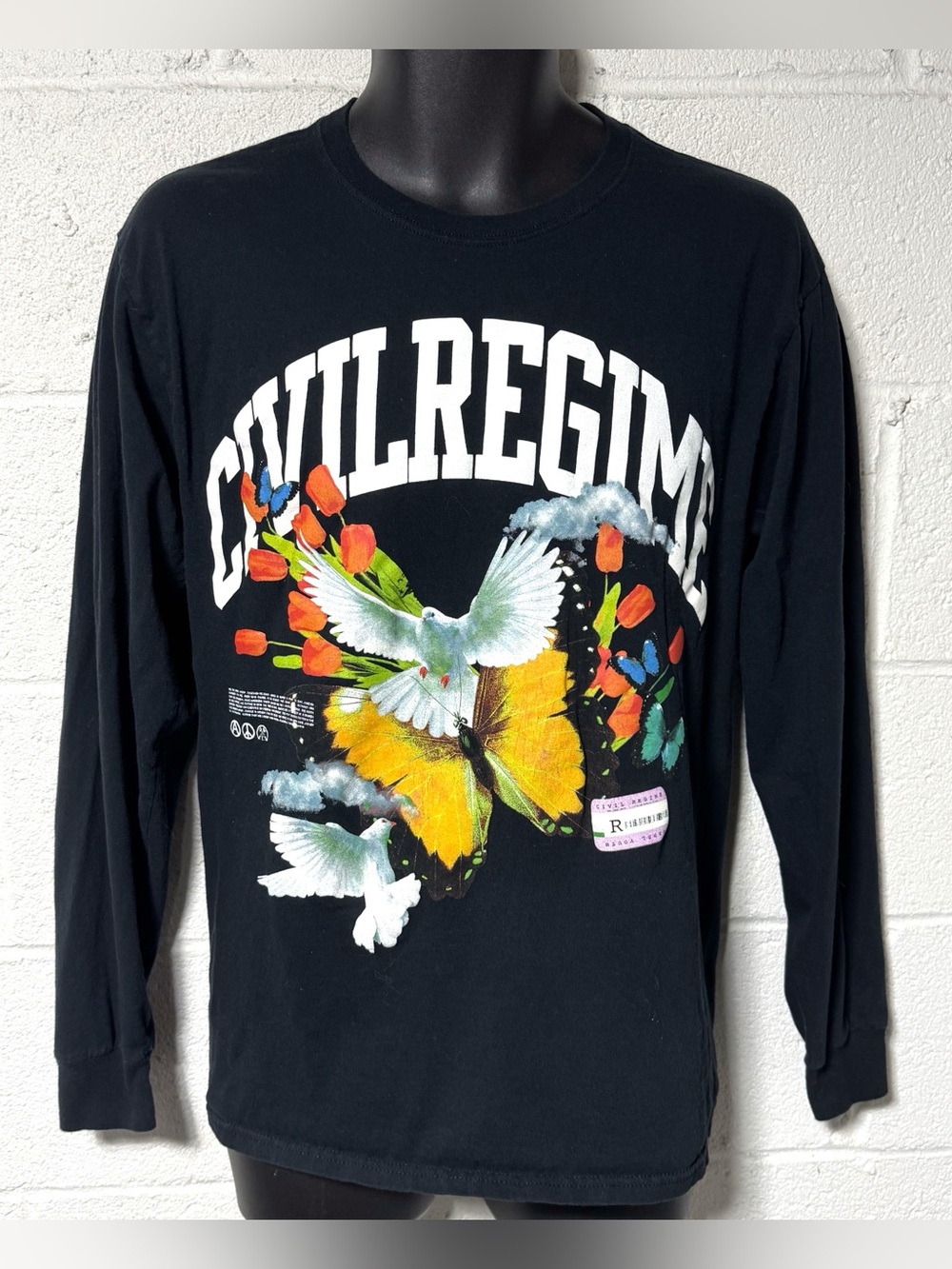 Civil Regime Doves Butterfly Floral Graphic Long Sleeve Tee Shirt M Streetwear